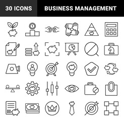 Fototapeta premium Business and office line icon set. Vector pictograms of briefcase, calendar, megaphone, lightbulb, user, trophy, and gear, thin outline illustration.