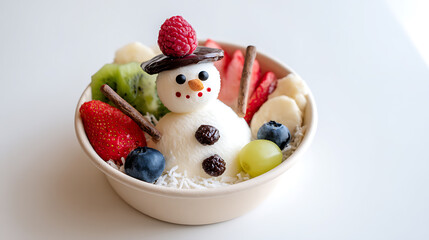 Fototapeta premium Charming snowman dessert bowl with fresh fruits, celebrate the winter holidays with a sweet and creative treat, healthy snack for children