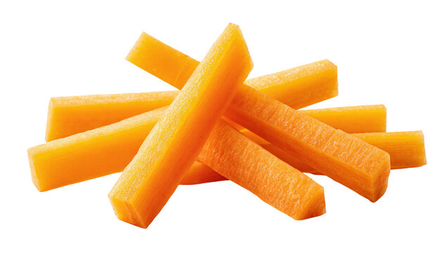 Isolated heap of fresh raw orange carrot sticks, healthy vegetable snack or cooking ingredient