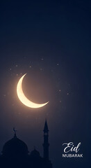 Naklejka premium Eid mubarak crescent moon night sky with mosque silhouette