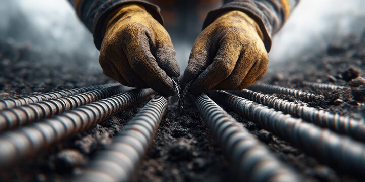 Construction worker's gloved hands tying rebar with wire on a building site