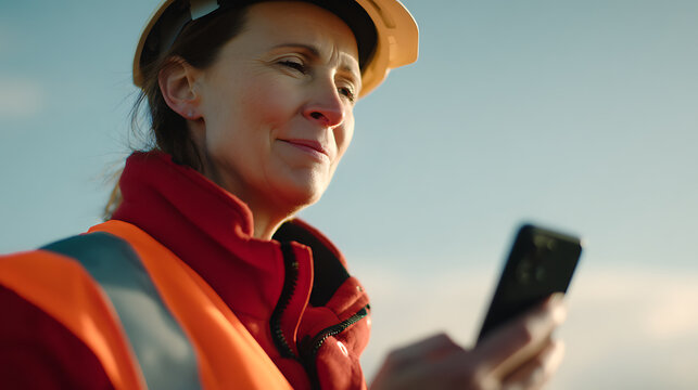 Confident female engineer or construction worker in hard hat and high-visibility vest uses a mobile phone against clear blue sky. Professional woman in industry