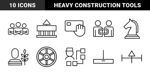 Fototapeta premium Industrial manufacturing and construction icon set. Vector glyph pictograms of crane, factory, forklift, hardhat, tools, and gears, black silhouette illustration.