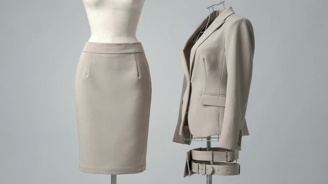 Medium shot of modular suit components featuring a neutral base skirt and jacket showcasing sleek professional style with versatile mixandmatch design.