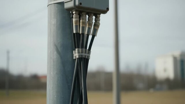 Medium shot of grey weatherproof junction box fastened on a metal pole foreground in focus with satellite cable connectors protected from harsh elements.
