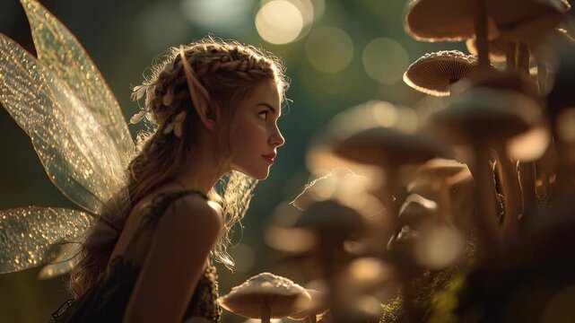 Nymph fairy looking at glowing mushrooms in magical forest. 4K Video
