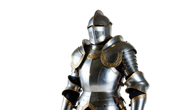 Isolated elegant polished medieval knight armor, historical steel suit for protection and warfare