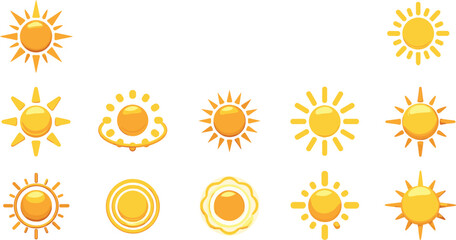 Yellow Sun Icon Set with Diverse Ray Designs and Glossy Spheres for Weather Forecasting, Summer Vacation Projects, Solar Energy Symbols, and Digital Graphics