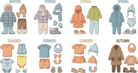 Seasonal Kids Clothing Collection Vector Set with Winter Parkas, Spring Jackets, Summer Outfits, and Autumn Coats for Childrens Fashion and Retail Weather Categories © MdSohanurRahman