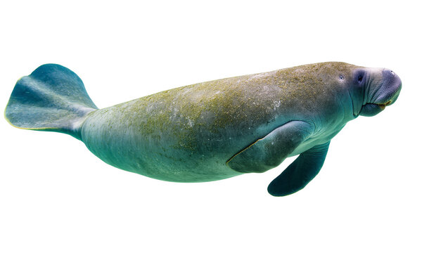Isolated beautiful majestic manatee swimming underwater, a large marine herbivore portrait