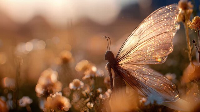 Magical nymph fairy in golden flower field at sunset. 4K Video