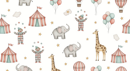 whimsical circus scene with animals and clowns © Nisitha