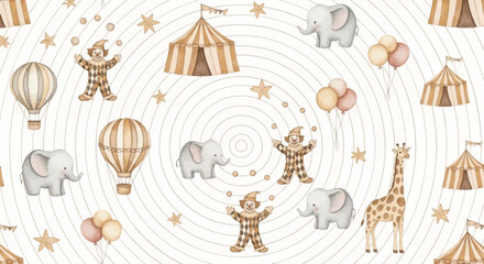Fototapeta premium Whimsical circus scene with clowns elephants giraffes hot air balloons and tents