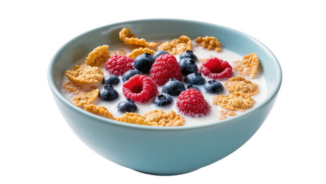 Isolated delicious breakfast cereal flakes with fresh raspberries and blueberries in a ceramic bowl.