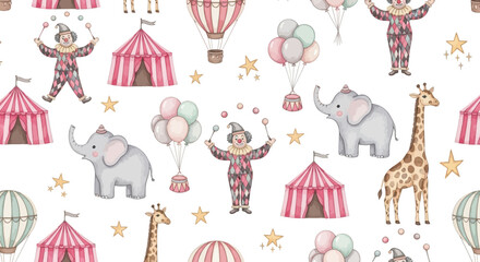whimsical circus scene with clowns elephants giraffes and balloons © Nisitha