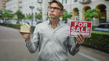 Man holding a small wooden house model and red for sale sign with hands on a city street;...