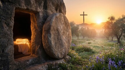 Naklejka premium Open empty tomb of Jesus Christ with stone rolled away at sunrise. Resurrection concept with cross on hill. Christian religious scene of rebirth and hope during Easter morning light.