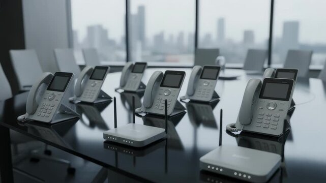 Medium shot of a sleek tabletop demo kit featuring sample IP phones and routers with focus on the main hardware meeting room softly blurred in the background.