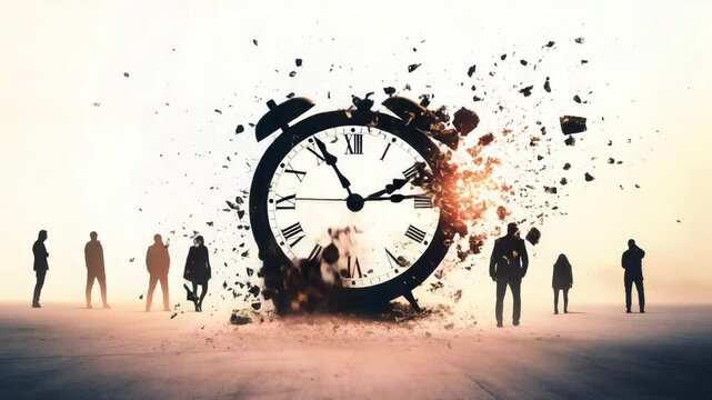 Business people are observing a large, vintage alarm clock exploding, symbolizing the intense pressure of deadlines and the relentless passage of time in a demanding corporate environment