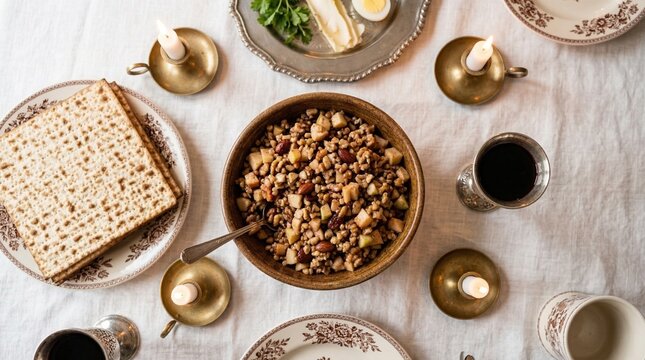 Traditional Passover charoset dessert on festive seder table with matzah and candles, top view