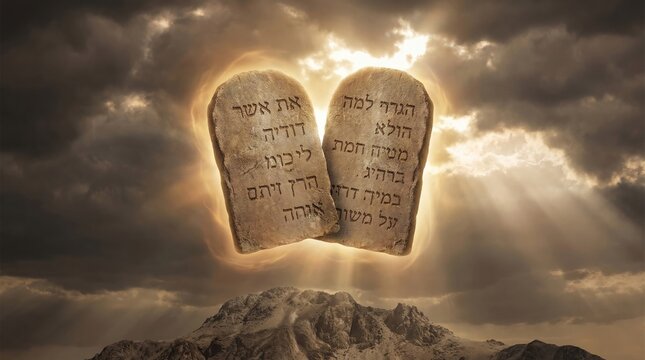 Stone tablets with Hebrew inscription floating above a mountain peak. Biblical scene of the Ten Commandments. Divine light and spiritual symbol of faith, religious law and salvation.