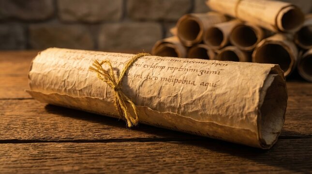 Antique scroll with handwritten text on wooden table. Religious scripture as spiritual documentation. Historical papyrus for Catholic bible study and academic research in theology.