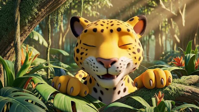 Adorable cartoon jaguar basking in the peaceful embrace of the lush jungle
