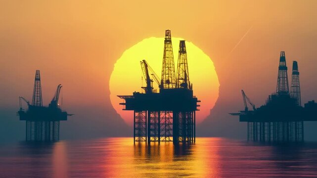 Offshore oil rigs extracting petroleum at sunset, casting dramatic silhouettes against the vibrant orange, yellow, and red sky, contribute to pollution and influence oil prices