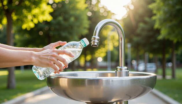 Hand filling a bottle at public drinking fountain in park with sunlight  
