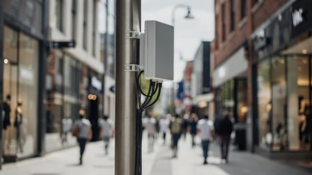 Medium shot of a 5G small cell attached to a lamppost on a bustling shopping street with blurred pedestrians and storefronts in the background.
