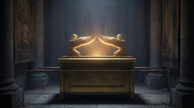 Golden Ark of the Covenant with two cherubims inside ancient stone temple. Biblical relic and holy artifact. Divine light radiating from lid. Historical mystery and religious symbol.