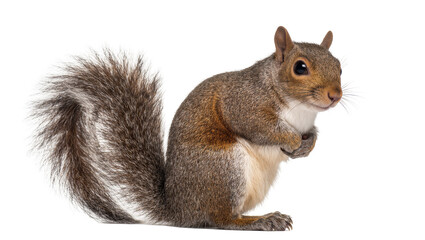 Fototapeta premium Isolated cute grey squirrel standing upright with fluffy tail, paws clasped attentively