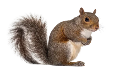 Fototapeten Eichhörnchen Isolated cute grey squirrel standing upright with fluffy tail, paws clasped attentively  © Maria