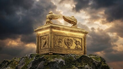 Naklejka premium Ark of the Covenant on a rocky mountaintop under a dramatic stormy sky. Ancient biblical gold chest with cherubim wings. Religious symbol of divine presence, faith and history.