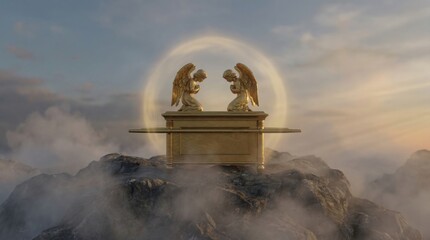 Naklejka premium Ark of the Covenant with two golden kneeling angels on a rocky mountain top in fog. Biblical artifact with divine holy light. Spiritual representation of ancient religious faith.