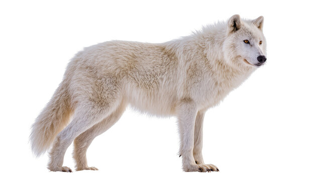 Isolated majestic arctic wolf standing, thick creamy white fur, intelligent golden eyes