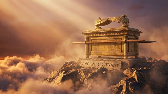 Ark of the Covenant on mountaintop surrounded by clouds. Golden relic with cherubim reflecting divine light. Biblical history and religious artifact. Ancient scripture and worship theme.