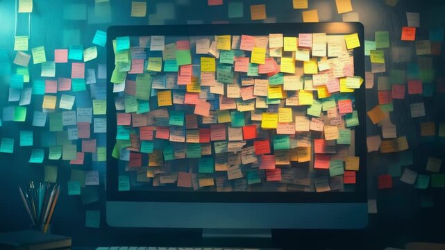 Multicolored adhesive notes covering computer screen, highlighting workplace organization and creative problem solving in low light workspace