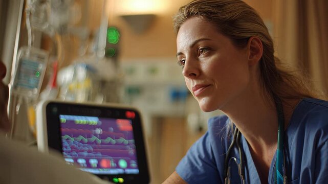 Caring nr nurse monitoring patient vitals in hospital. 4K Video