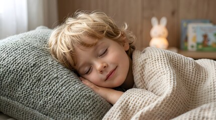 Fototapeta premium Curly blond boy sleeping peacefully in cozy bed with green pillow