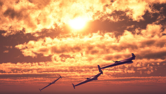 The HESA Shahed 136 in Russian service, is an Iranian drone. Sensitive targets, attack. Drones flying at sunset. Drone kamikaze, 3d rendering
