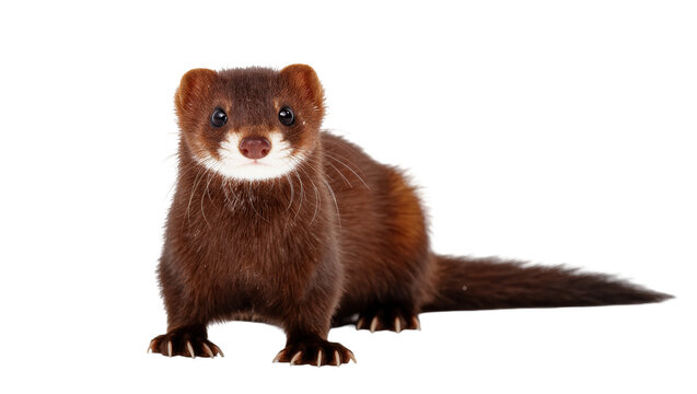 Isolated cute brown mink animal looking directly at camera, full body portrait studio shot