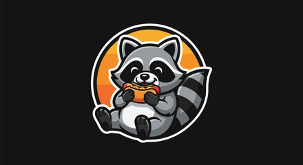 Fototapeta premium Cartoon raccoon enjoying a hot dog