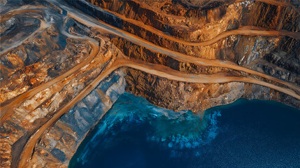 Naklejka premium Panoramic high angle overlook of an impressive open-pit mine, showcasing a vast excavation site with terraced slopes and a deep, clear blue lake