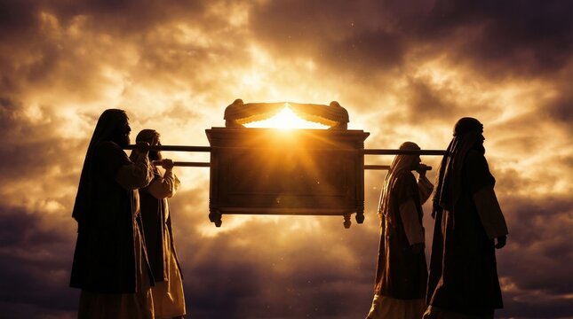 Men carrying ark of covenant against dramatic sunset sky. Biblical scene showing levites transporting holy relic. Ancient religious tradition and spiritual belief in christian history.