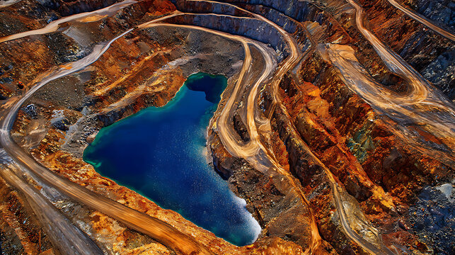Aerial view of a vibrant open-pit mine with deep blue water, showing winding roads and colorful exposed earth, industrial landscape