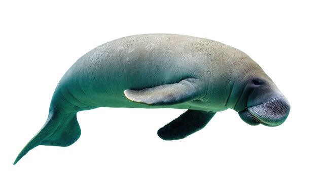 Isolated dugong, a beautiful and peaceful marine mammal swimming gracefully in the ocean