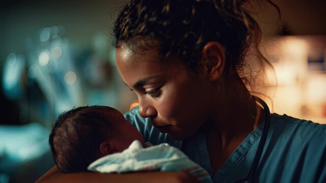 NR Nurse smiling while holding a newborn baby in hospital. 4K Video