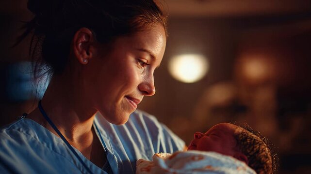 Caring nr nurse cradling newborn infant at night. 4K Video