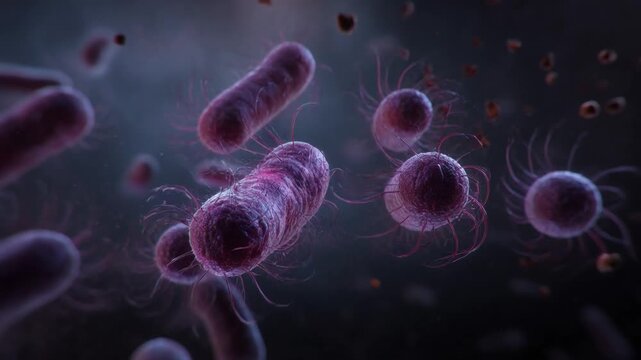 Microscopic bacteria infection science background with purple microorganism cell cluster floating dark fluid, abstract medical illustration conveying danger and microscopic life, pink bacteria